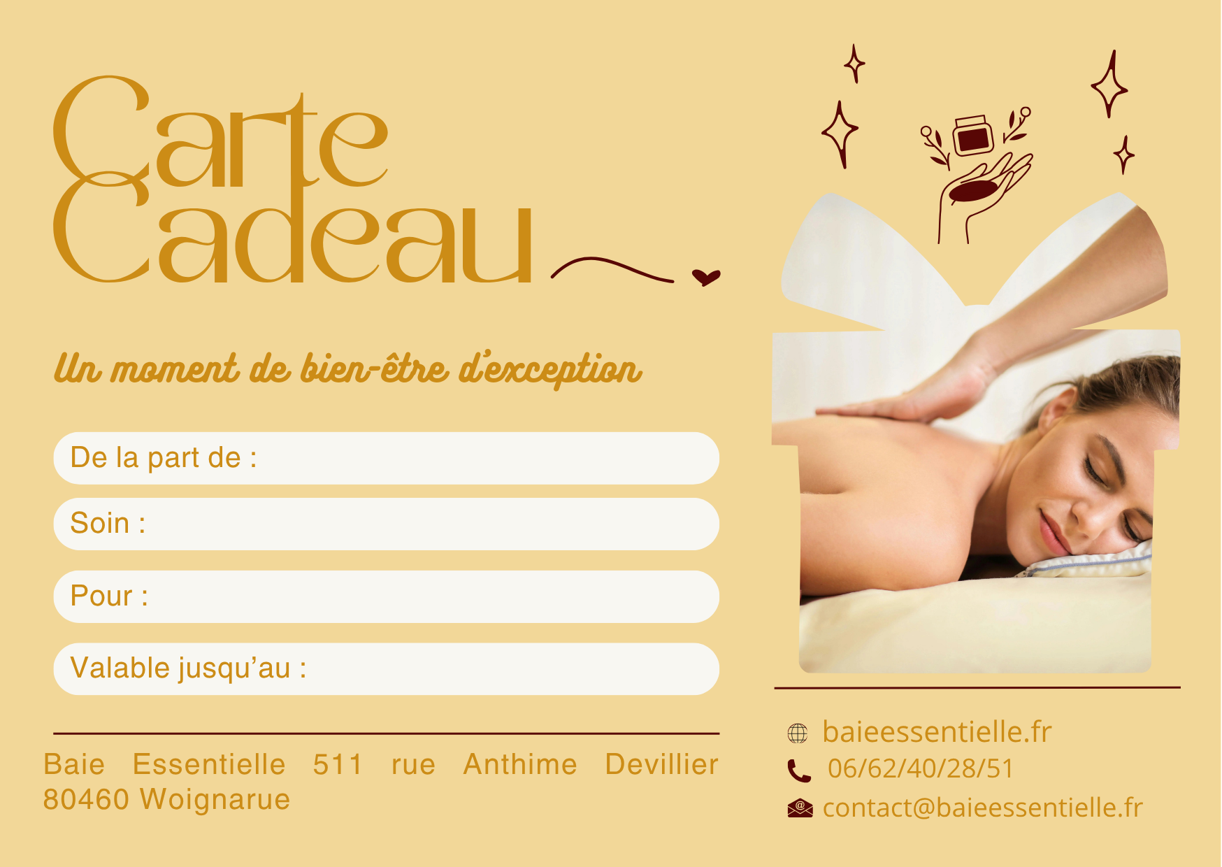 carte cadeau à offrir pour un massage bien-être chez Baie essentielle en Baie de somme